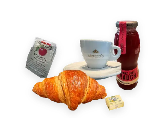 Buttercroissant, Espresso, Marmelade und Rauch-Fruchtsaft