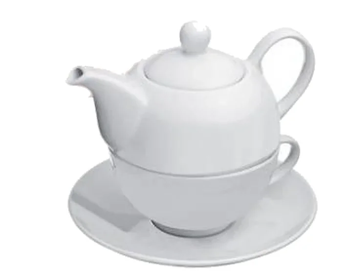 Weißes Porzellan-Teeservice: Kanne auf Tasse mit Untertasse